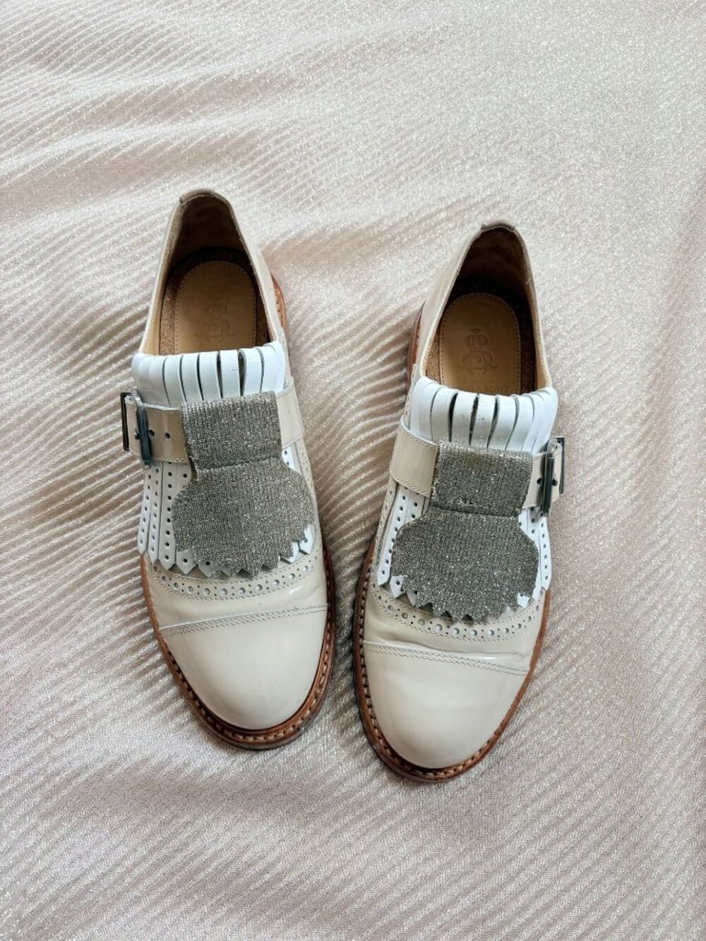The Office of Angela Scott Metallic Patent Leather Loafers 37.5 7